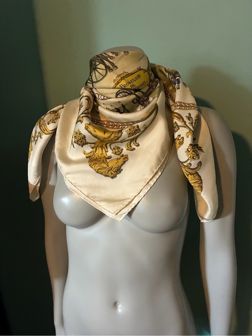 Hermes La Promenade De Longchamps Cream and Gold Silk-Patterned Square Scarf 🔥